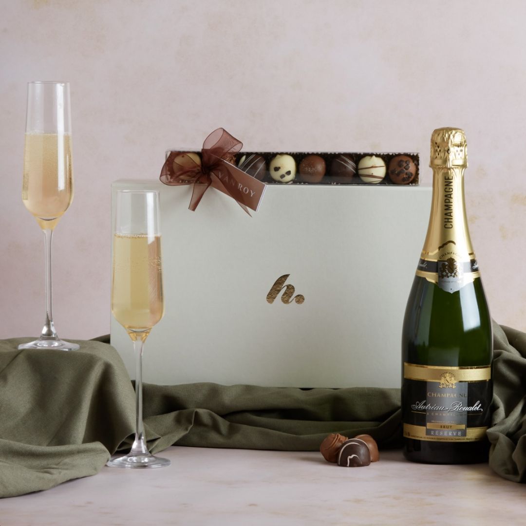 The Champagne and Truffles Hamper with contents on display