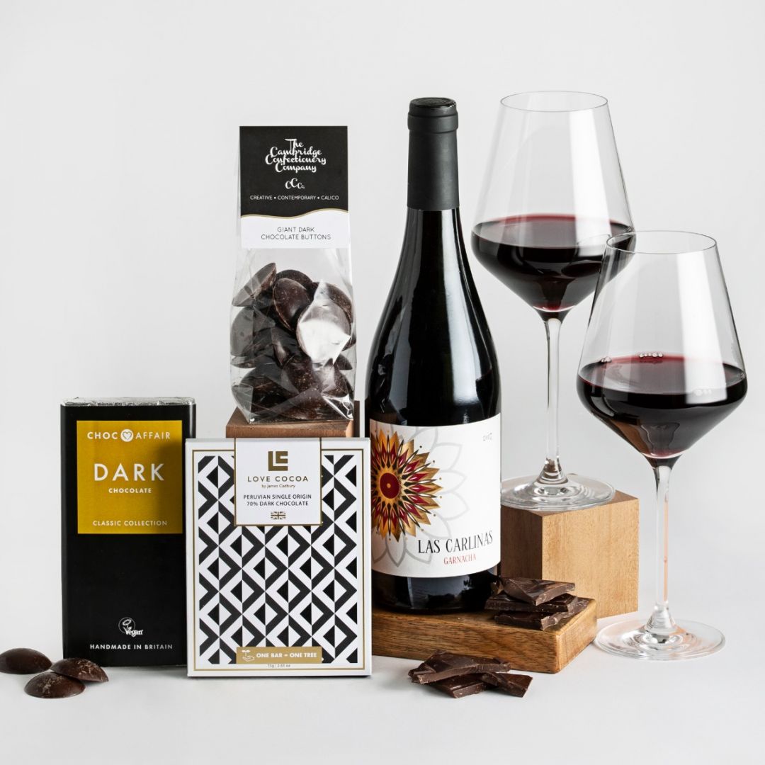 Image of Red Wine and Dark Chocolate gift hamper including two glasses of red wine