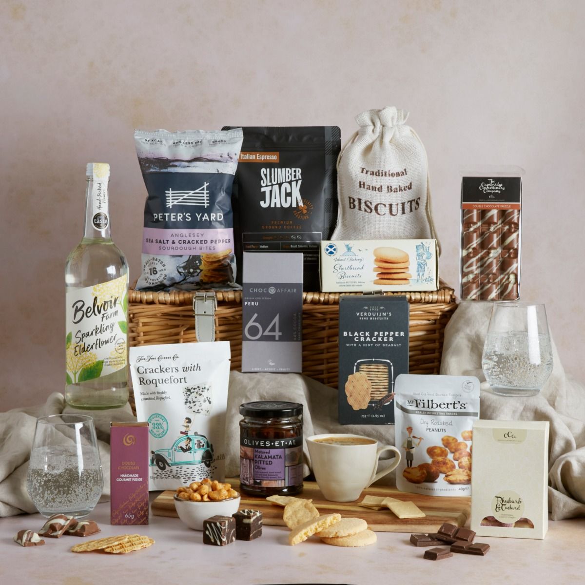The Classic Alcohol Free Hamper with contents on display