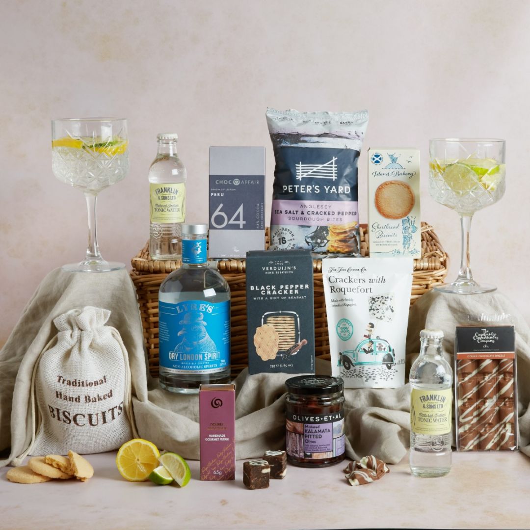The Grand Alcohol Free Hamper with contents on display including non alcoholic gin