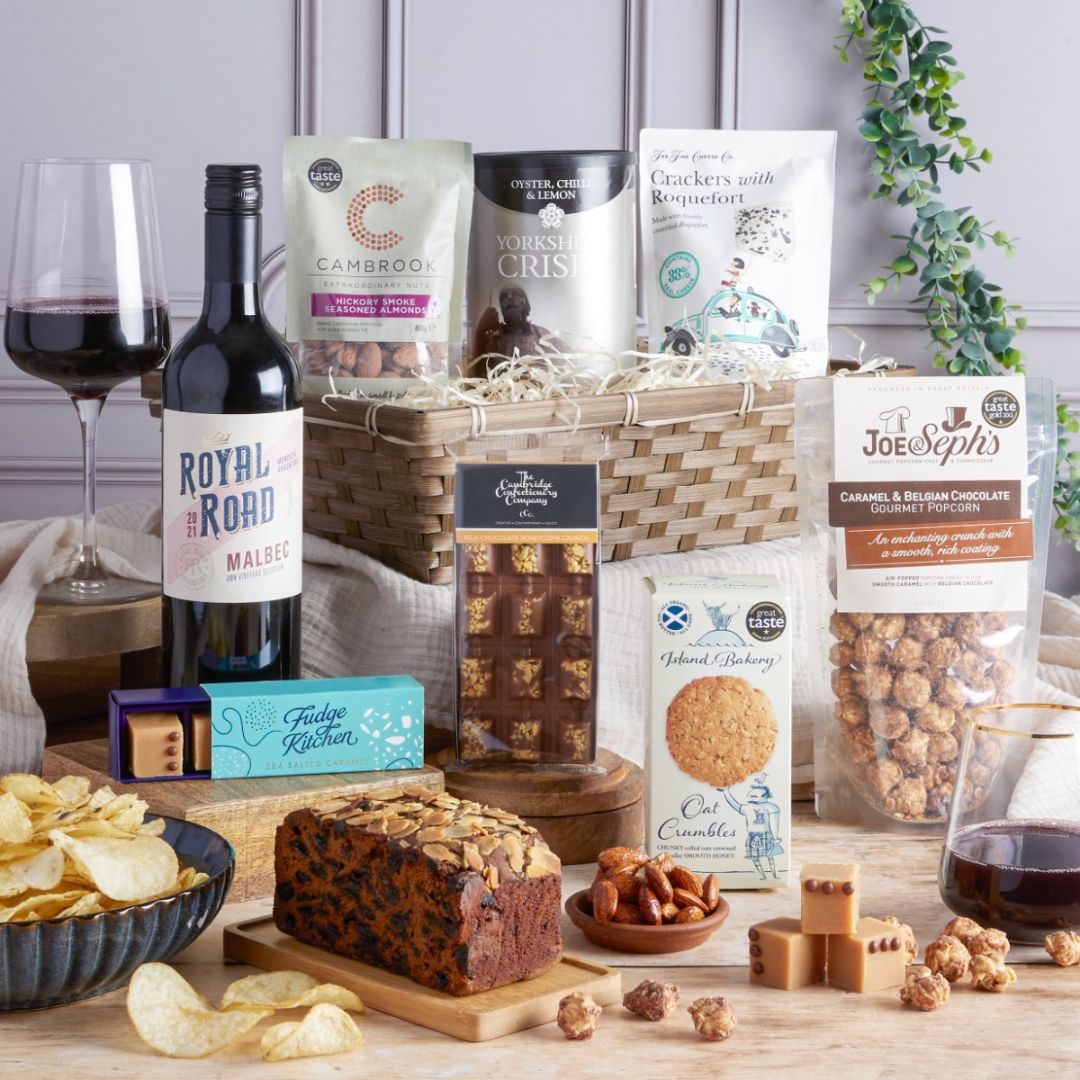 Gourmet Food & Wine Hamper with contents on display