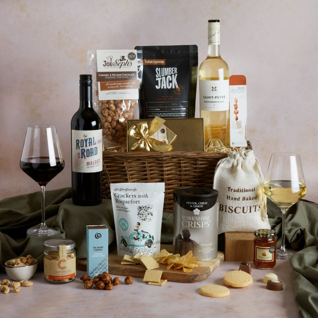 Food & Wine Lovers Gift Hamper with contents on display