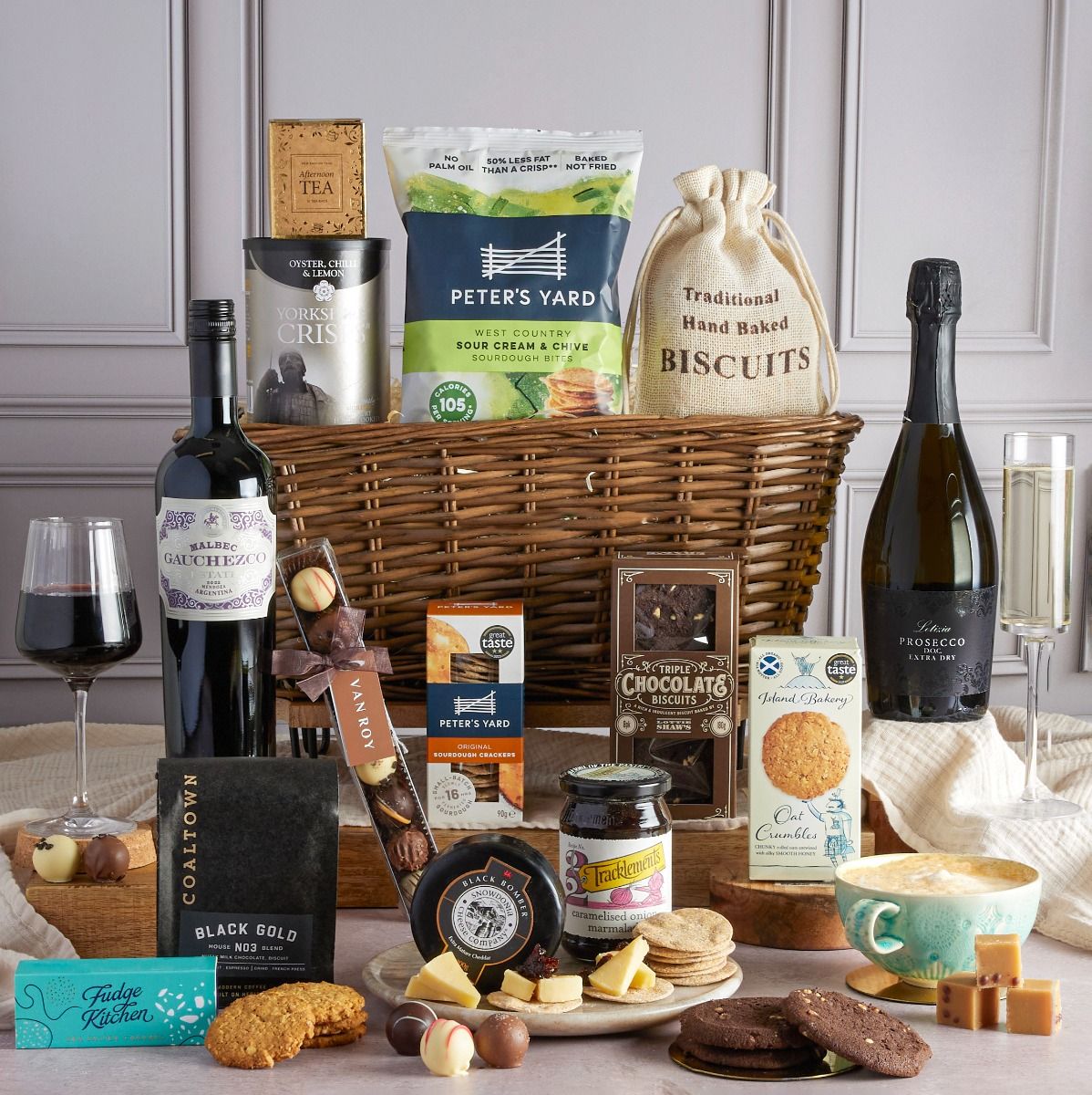 Luxury Mother's Day Food & Wine Basket with contents on display