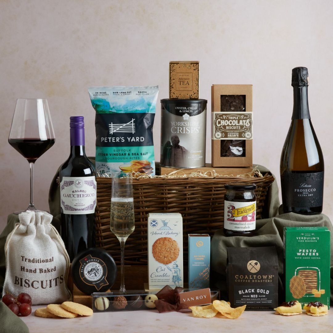 Luxury Wine and Food Basket with contents on display