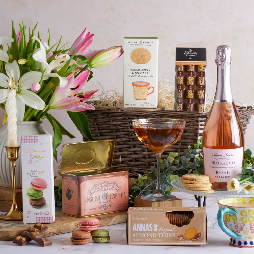 Prosecco Rosé Indulgence Hamper with contents on display