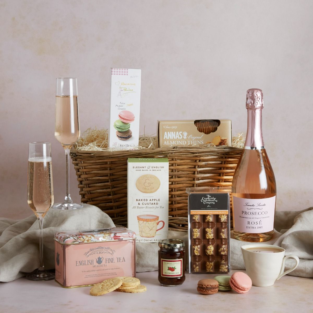 Valentine's Couples Sharing Hamper with contents on display and gift basket