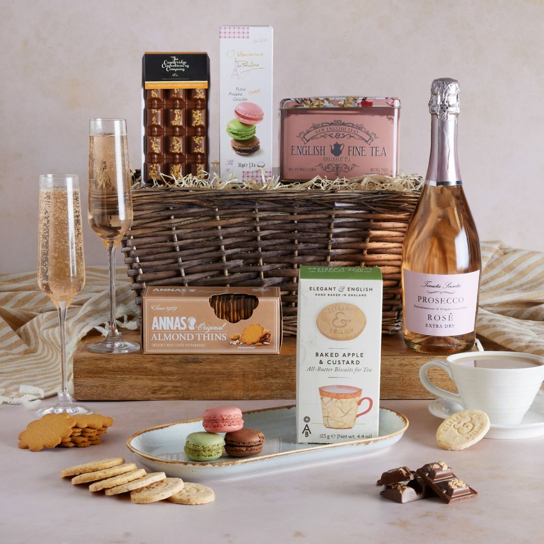 Mother's Day Prosecco Rosé Indulgence Hamper with contents on display
