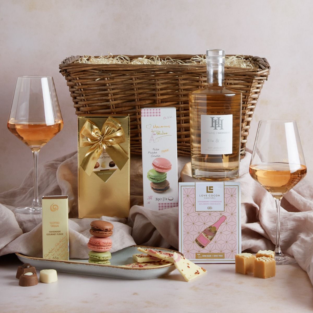  Mother's Day Luxury Rosé Hamper with contents on display