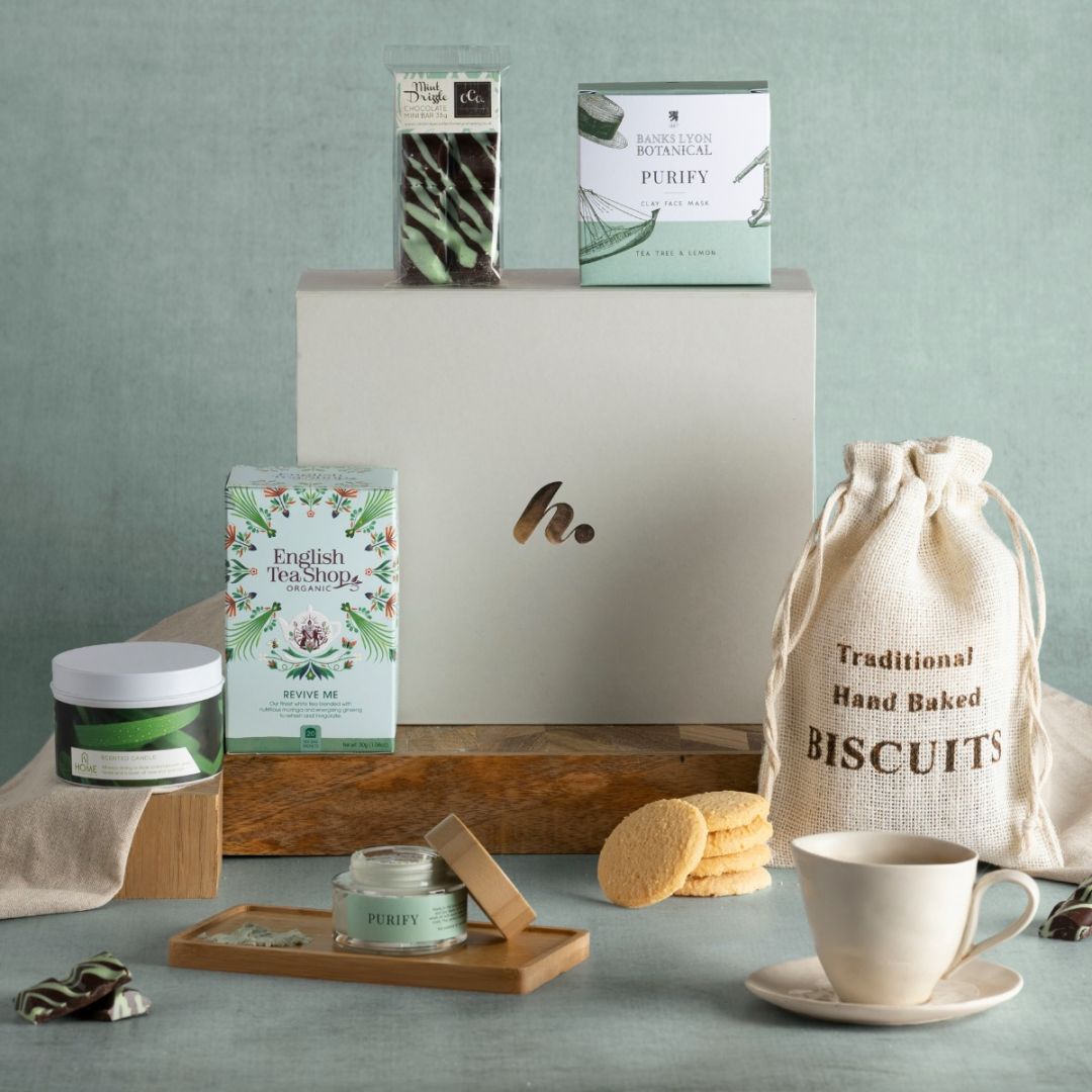 Relax and Unwind Hamper for a Valentine's self gift, with contents on display