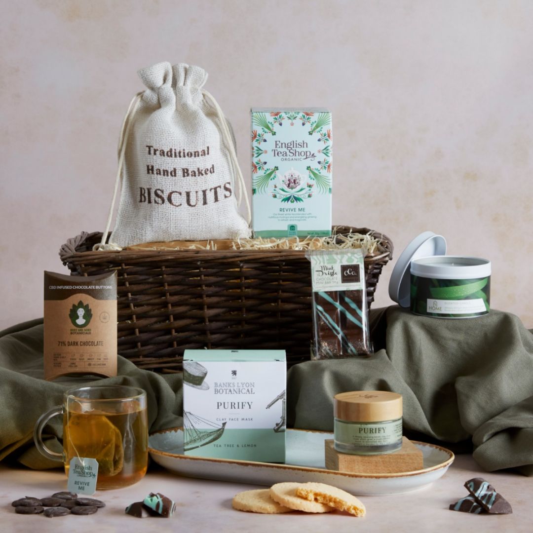 The Relax and Unwind Hamper with contents on display