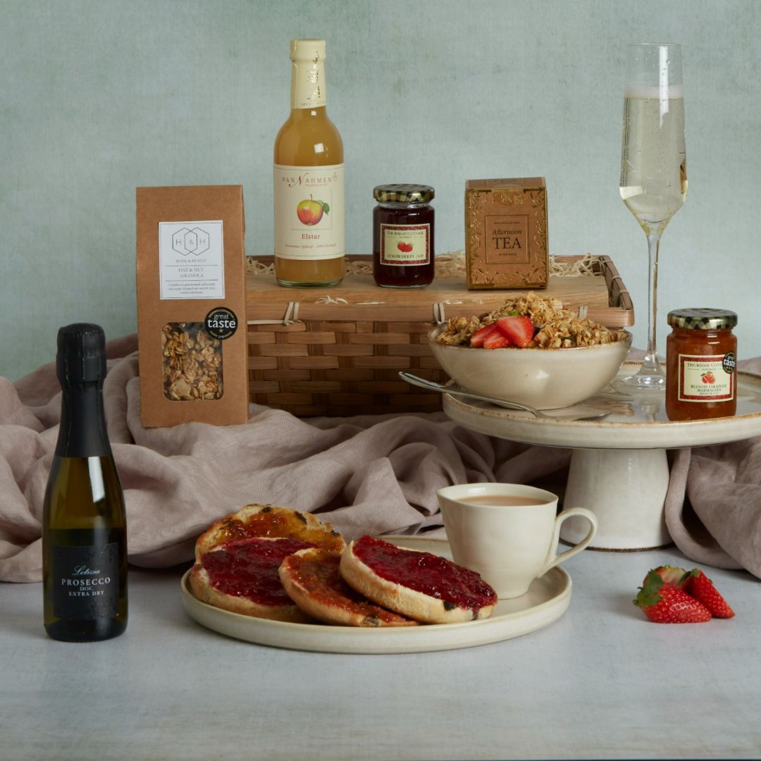 Mother's Day Breakfast Hamper with contents on display, including buttered tea cakes