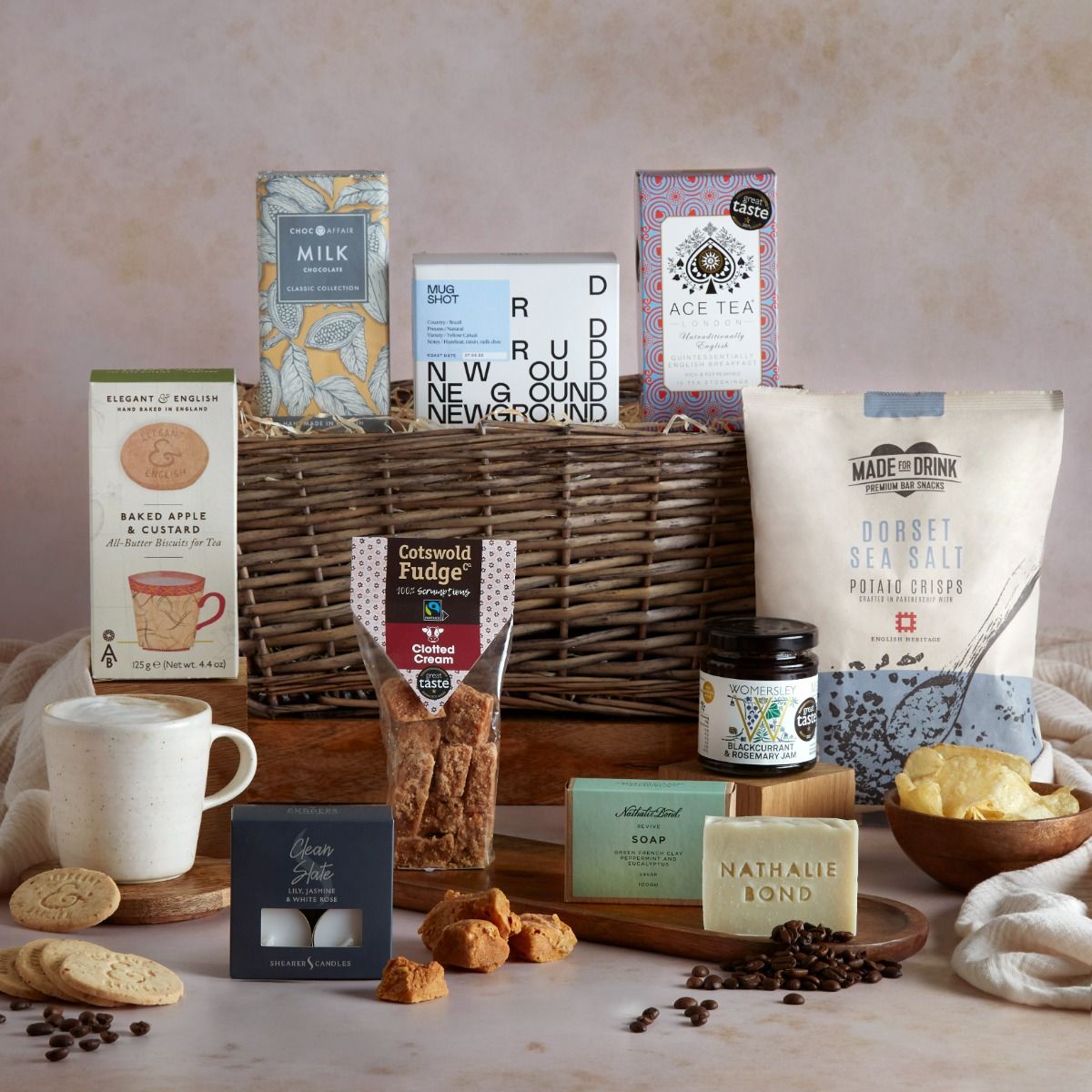 The Aspire Charity Hamper with contents on display