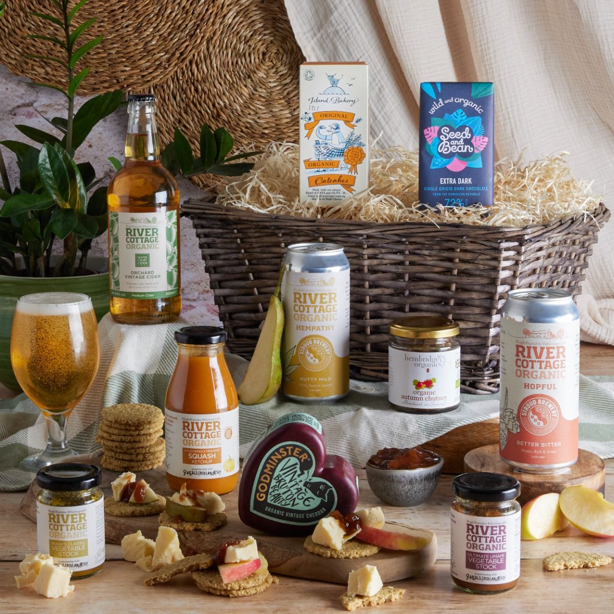 A Taste of River Cottage Hamper with contents on display - a organic Christmas hamper idea