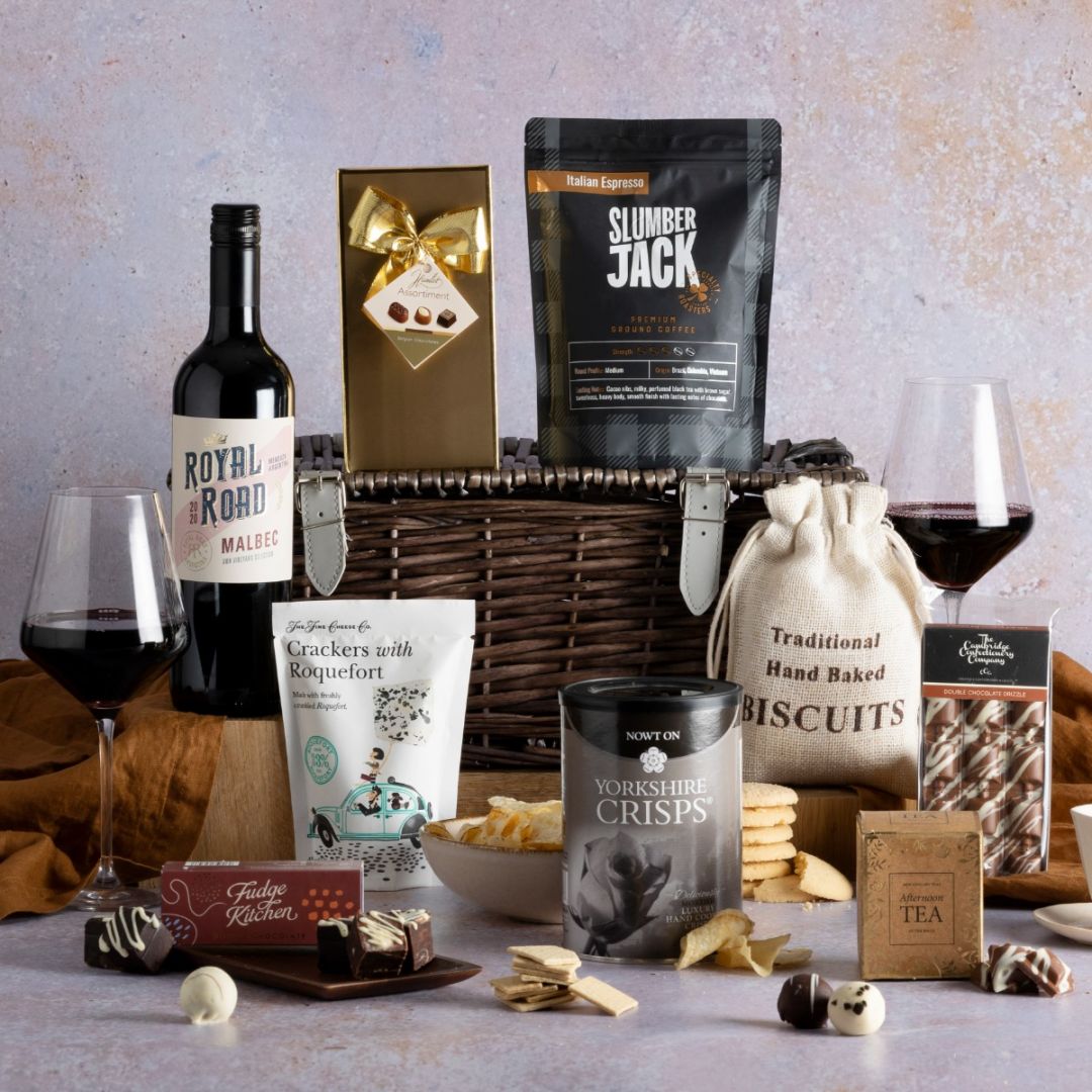 The classic food and drink hamper with contents on display