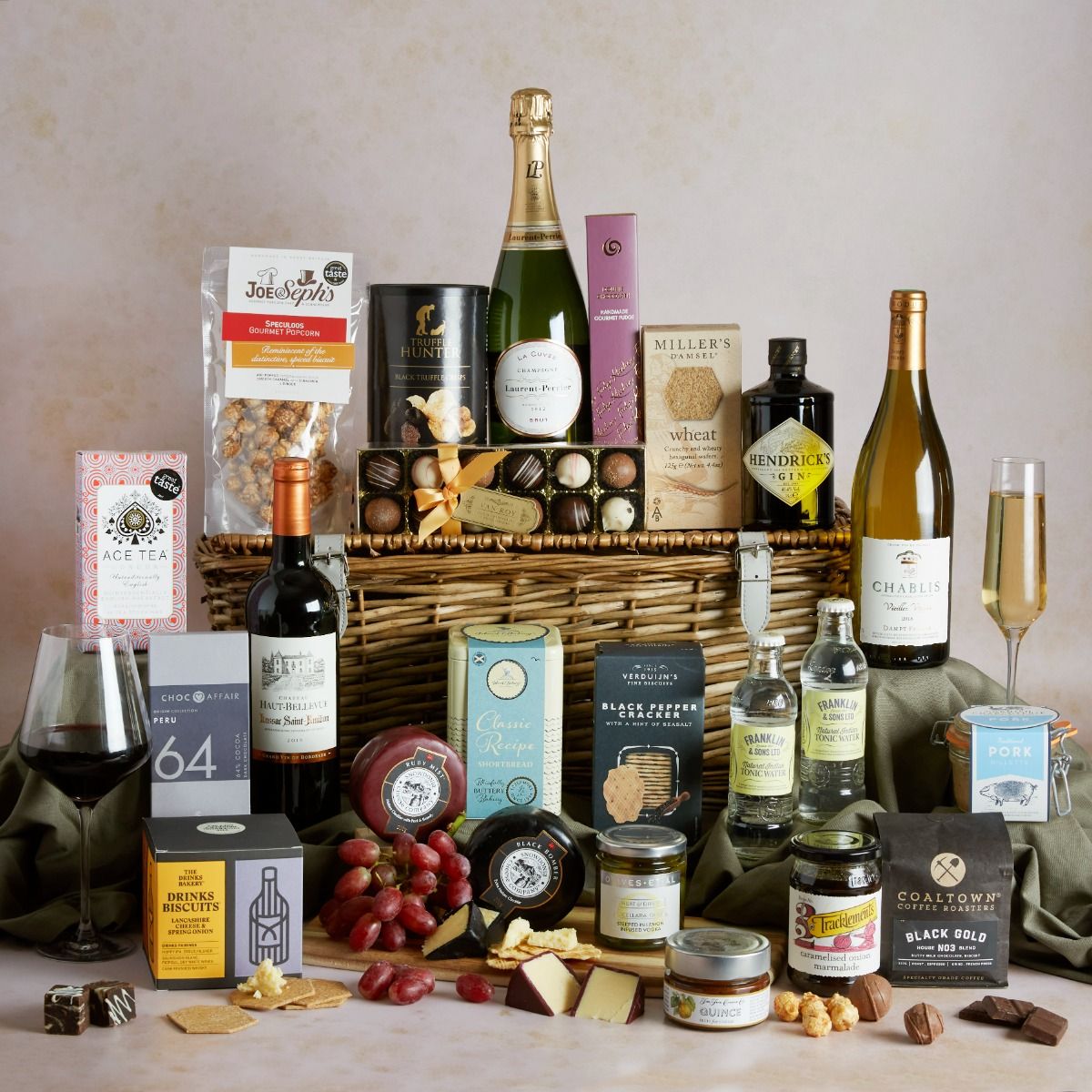 The Grand Food and Wine Hamper with all of its array of food and drink contents on display - the perfect gift for a wedding