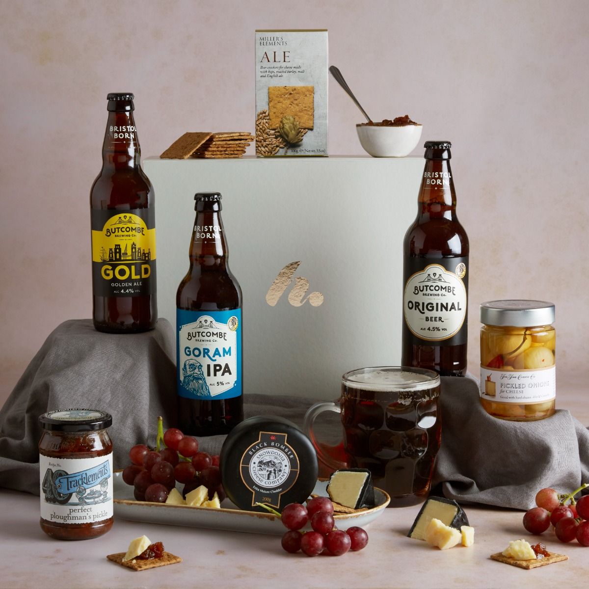 Ploughman's Beer Hamper with contents on display and including signature gift box