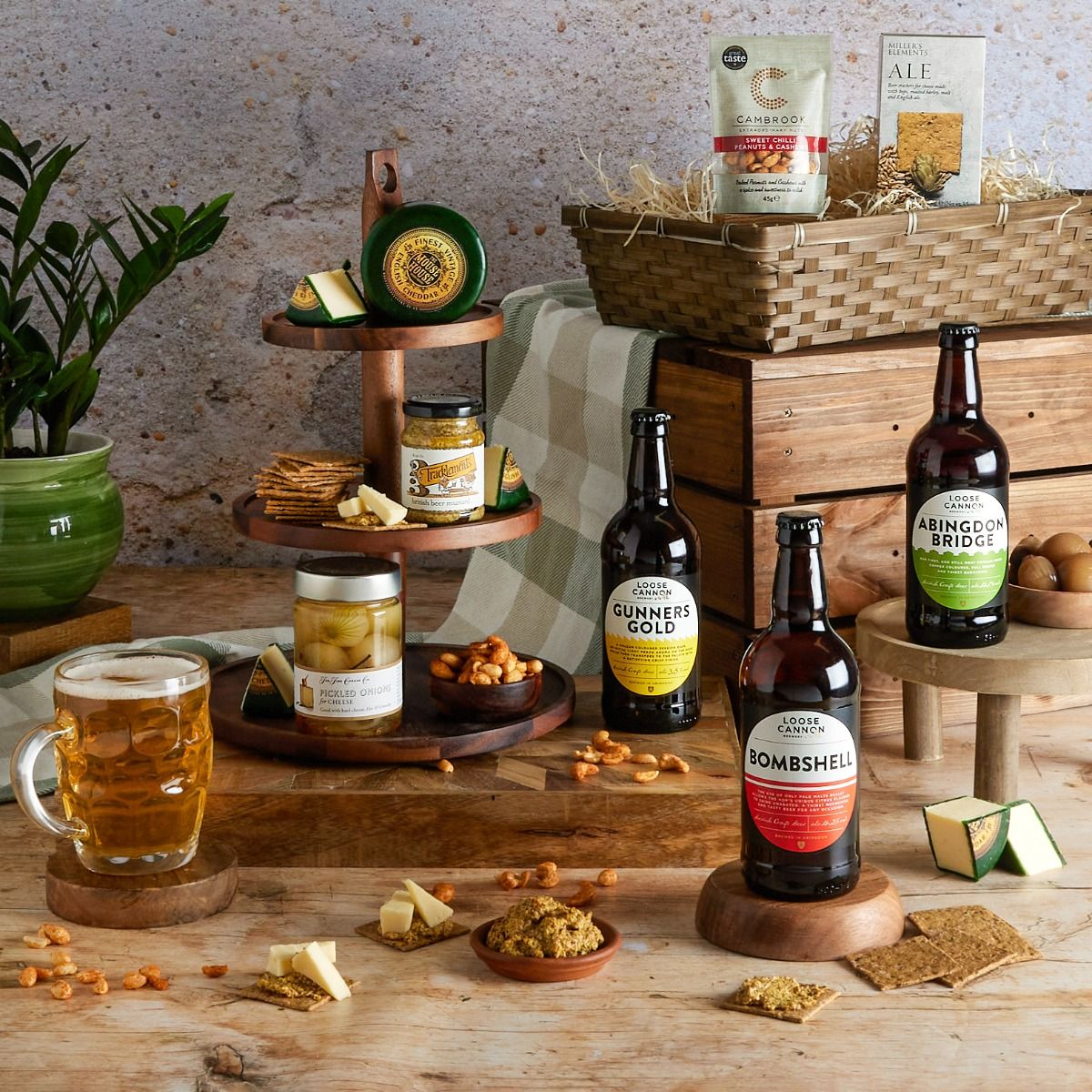 Real Ale & Cheese Hamper with contents on display