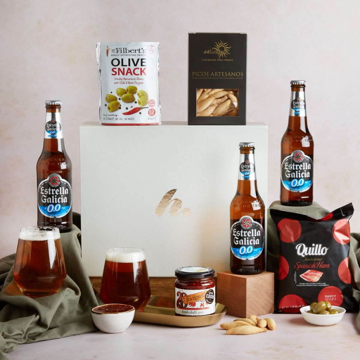alcohol free beer hamper with contents on display