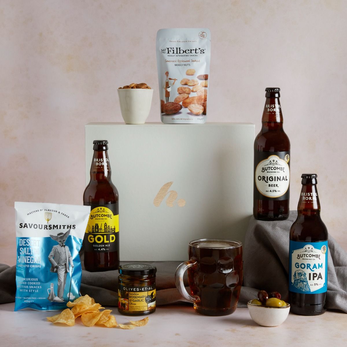 Real Ale Hamper with contents on display