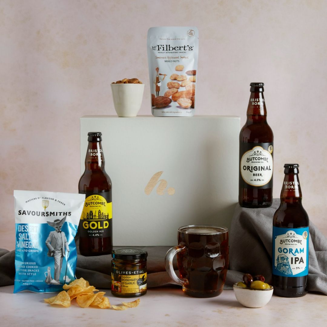 The Real Ale Gift hamper with contents on display