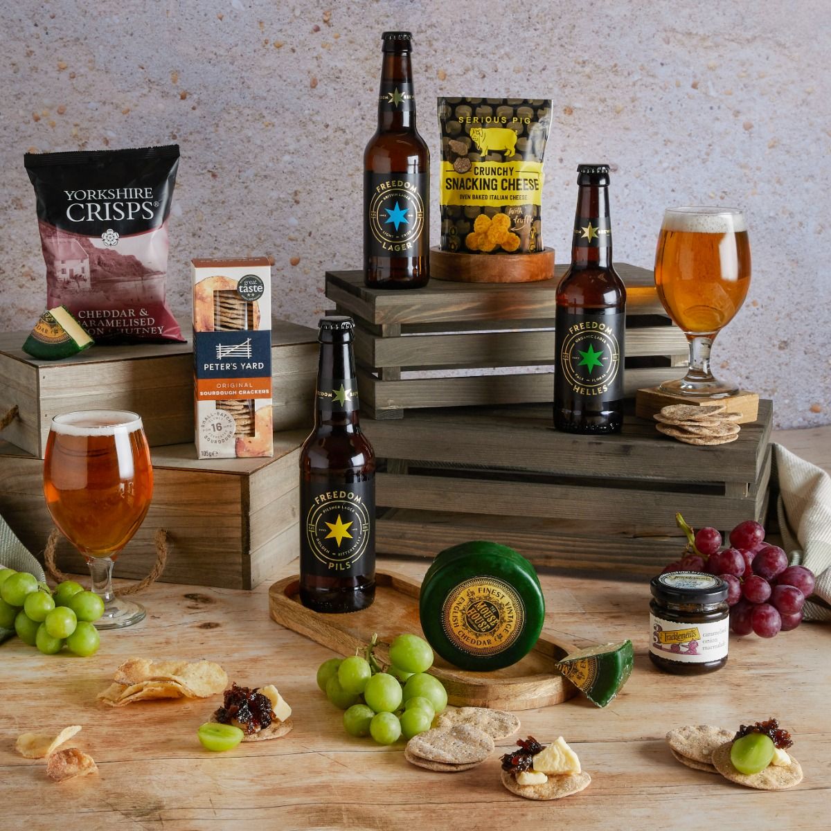 Father's Day Beer and Cheese Hamper with contents on display