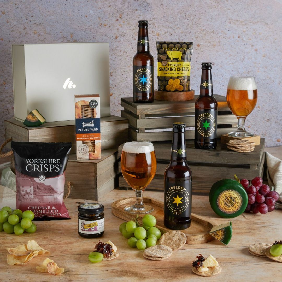 Craft Beer and Cheese Hamper with contents on display 