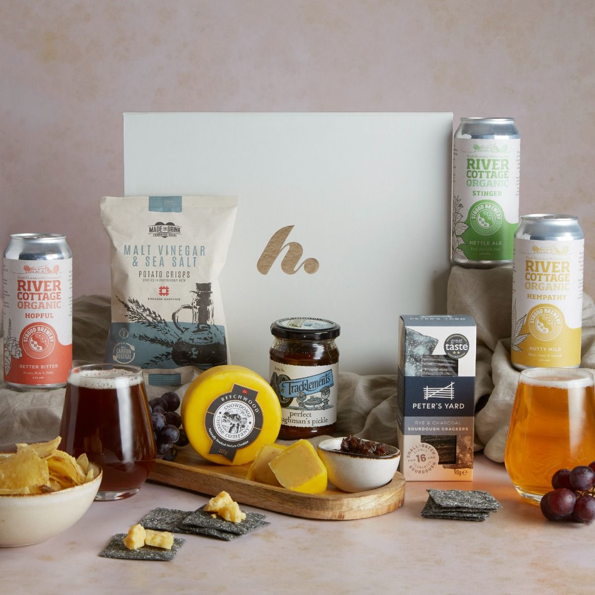British Beer and Cheese Hamper with contents on display