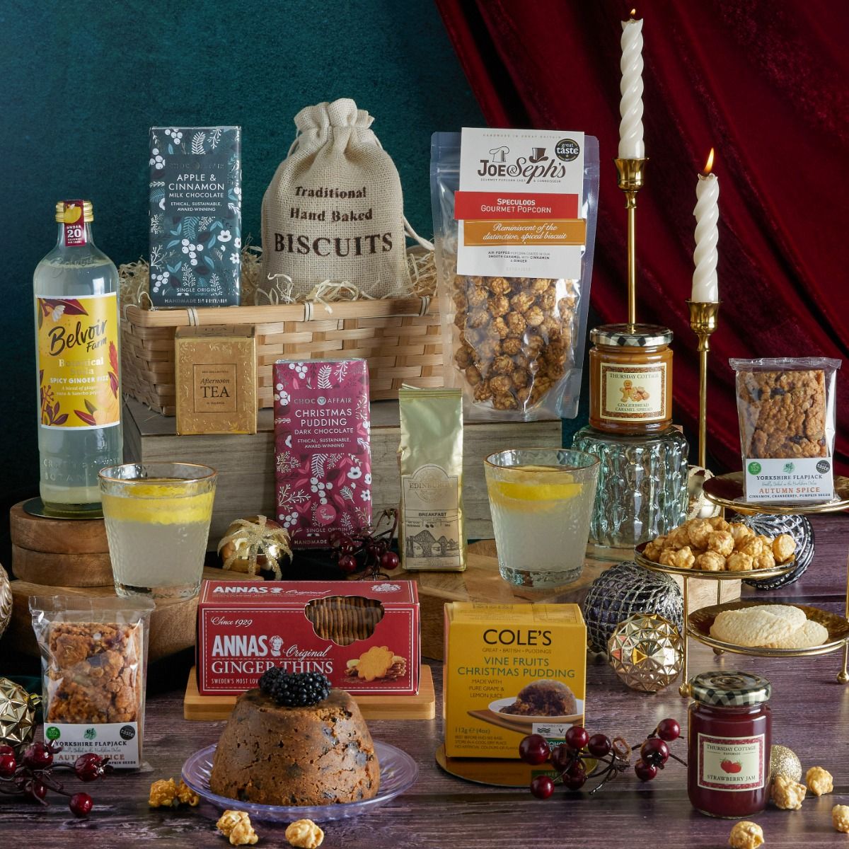 The Luxury Joy of Christmas Hampers with contents on display