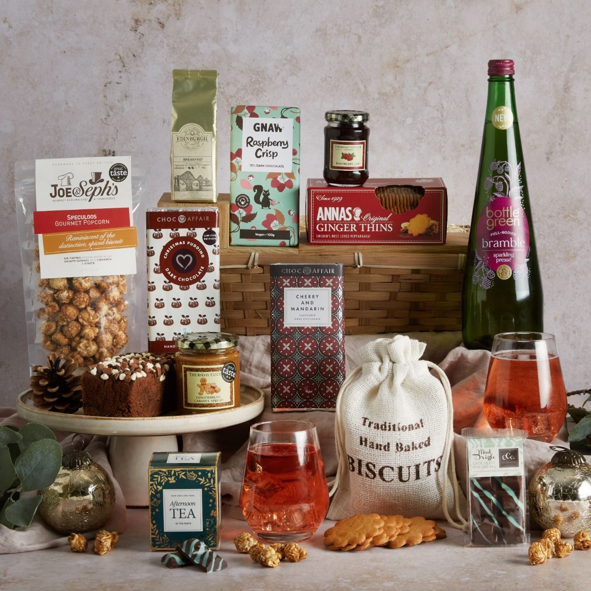 The luxury alcohol free Christmas hamper with contents on display and gift basket