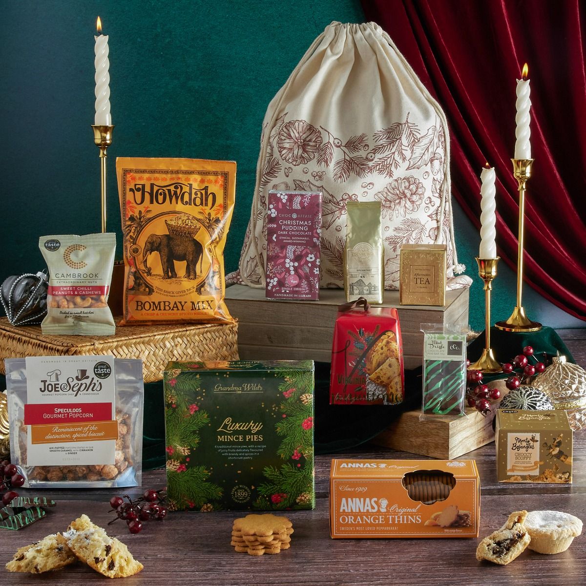 The Festive Favourites Hamper with contents on display
