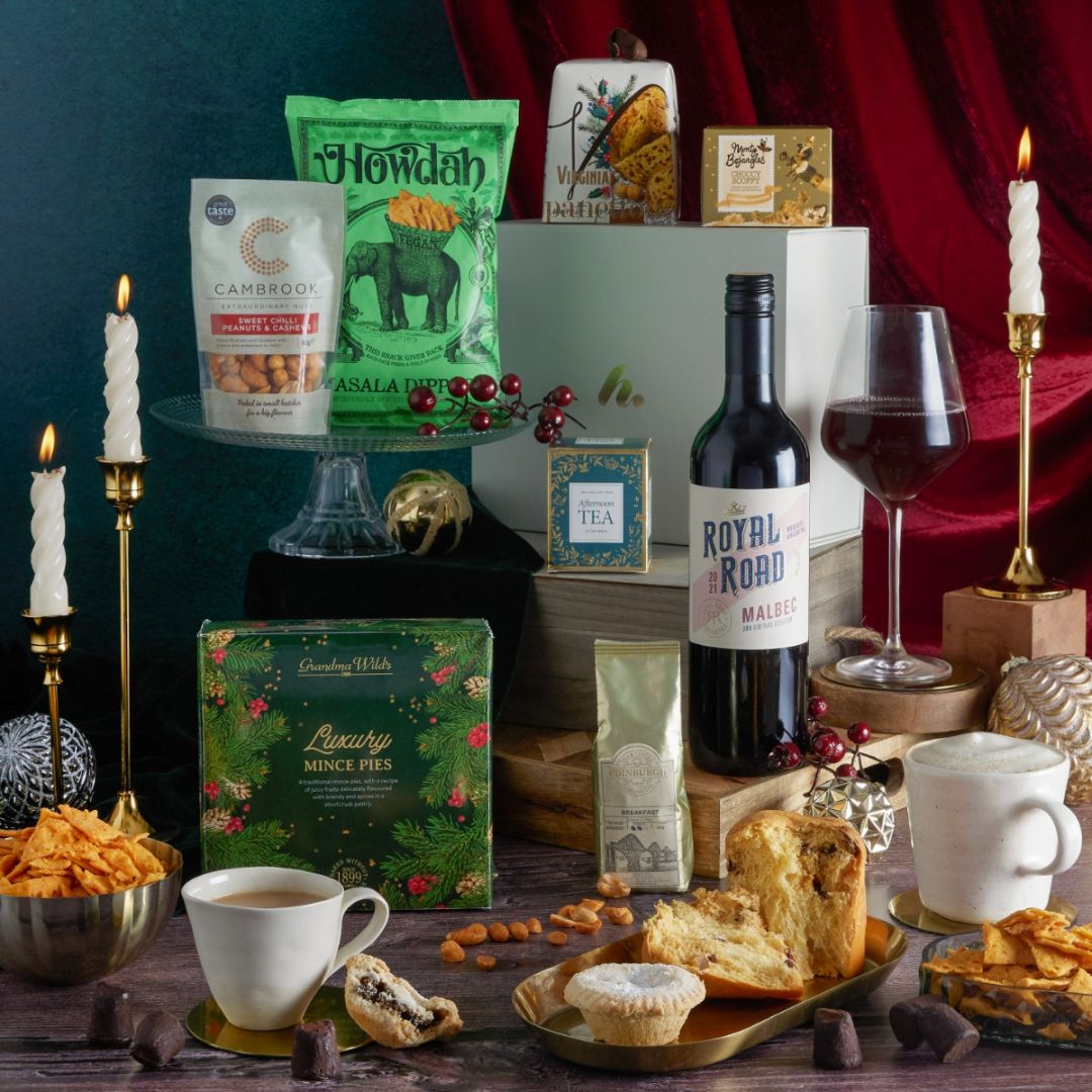  The Christmas Cracker Hamper with festive products and contents on display
