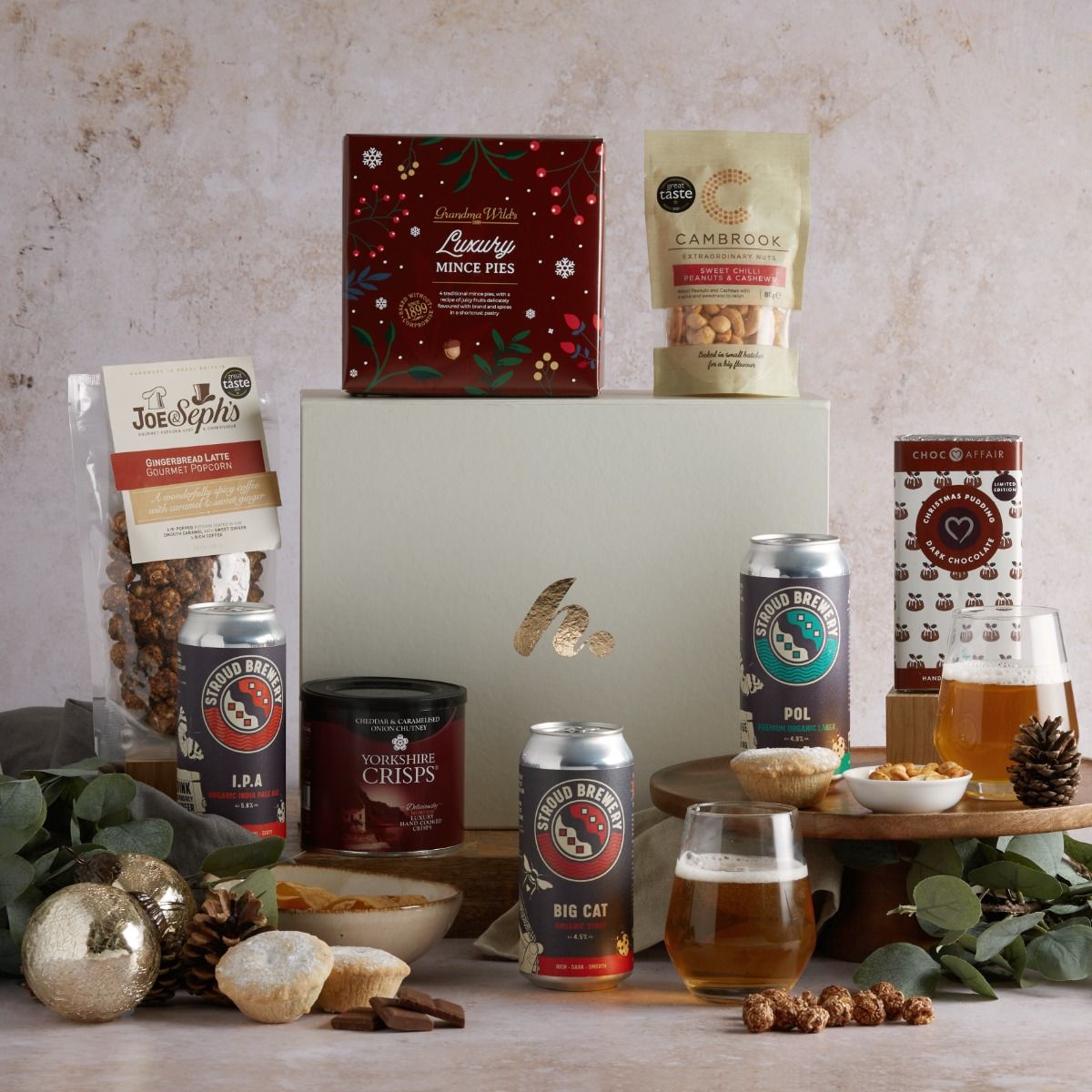 Festive Beer Hamper with contents on display