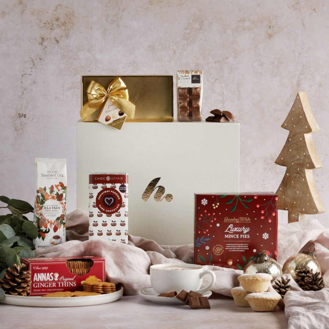 Festive Hot Chocolate Hamper with contents on display