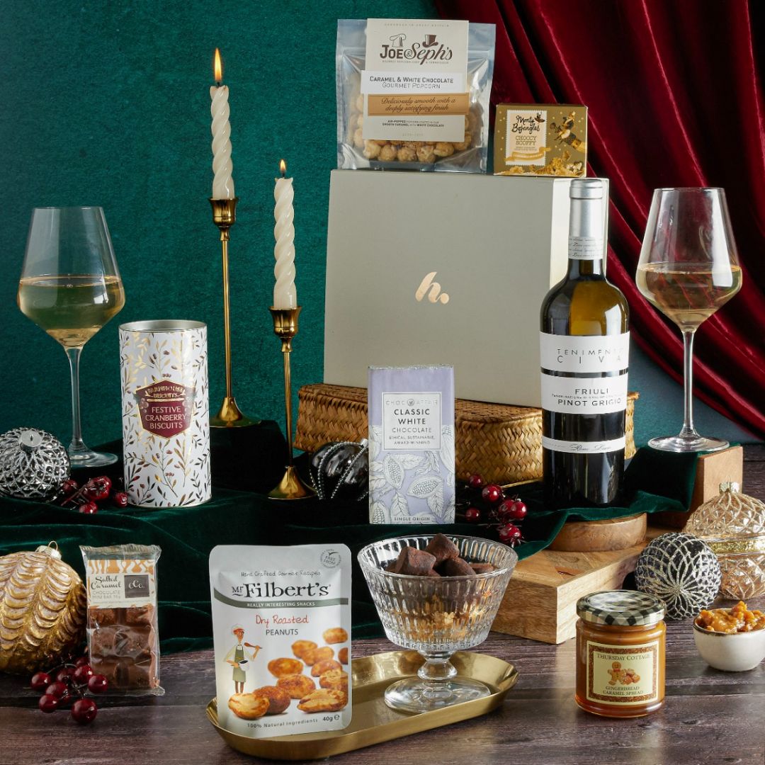 Let it Snow Christmas Hamper with contents on display