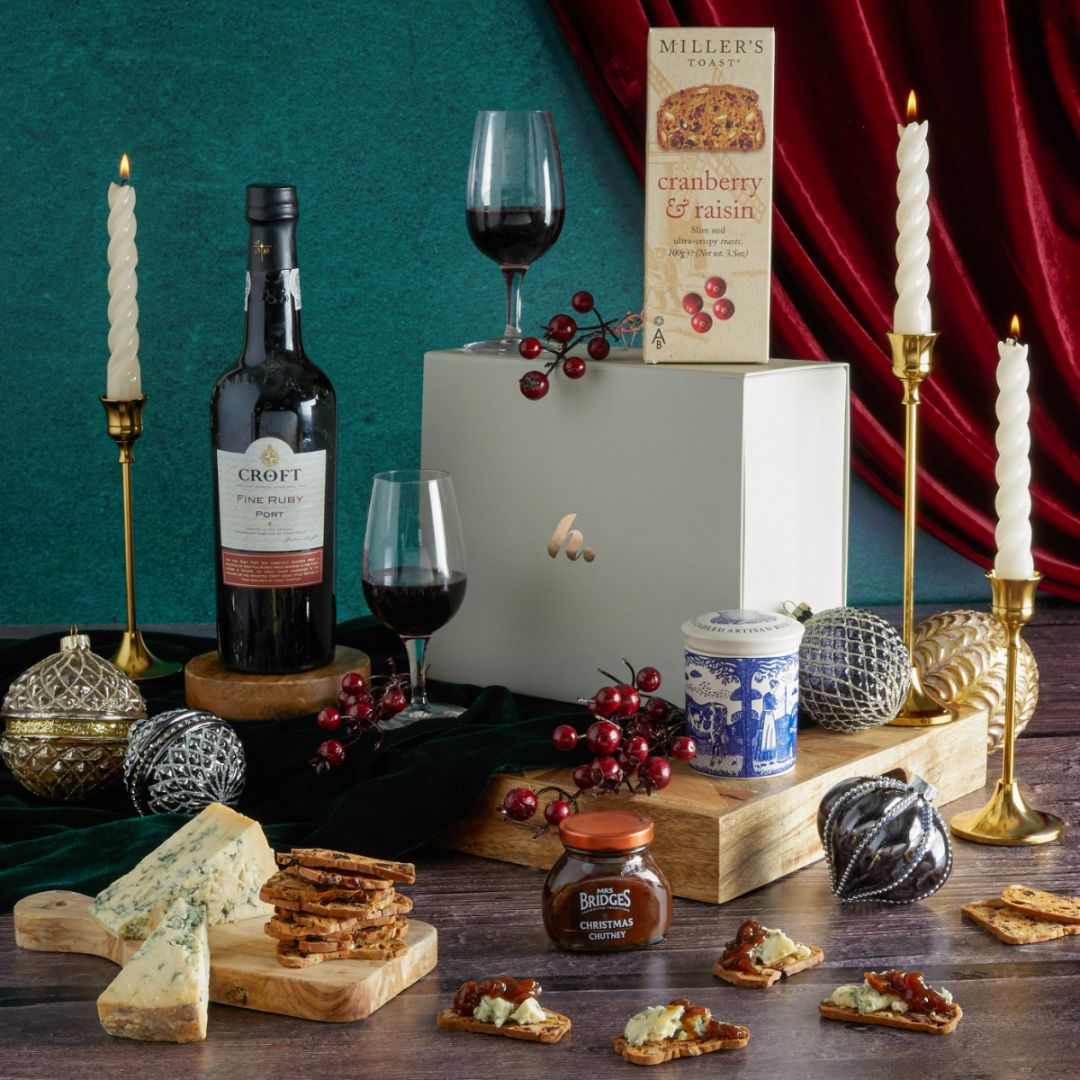 The Port & Stilton Christmas Gift Box with contents on display