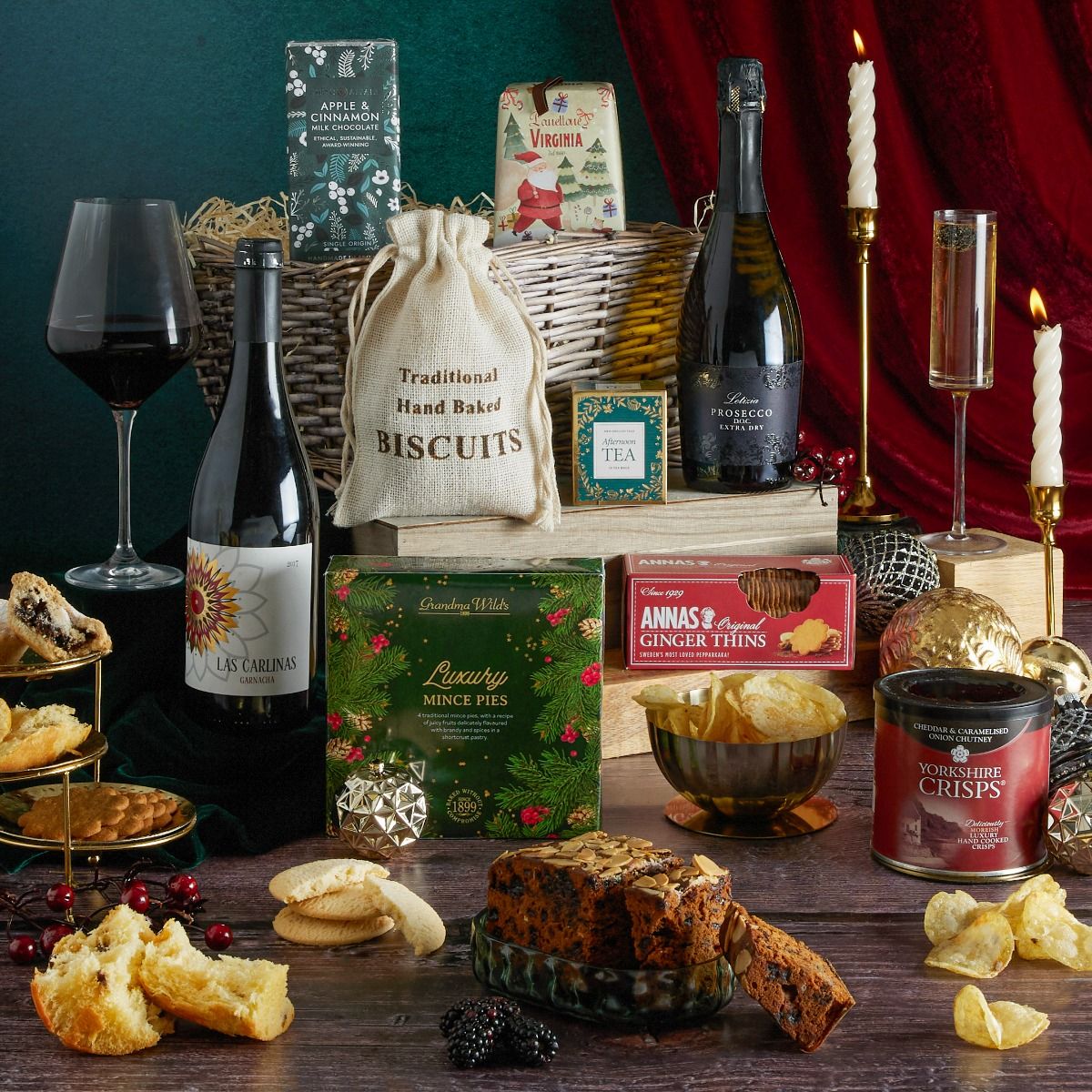 Winter Wonders Christmas Hamper with contents on display
