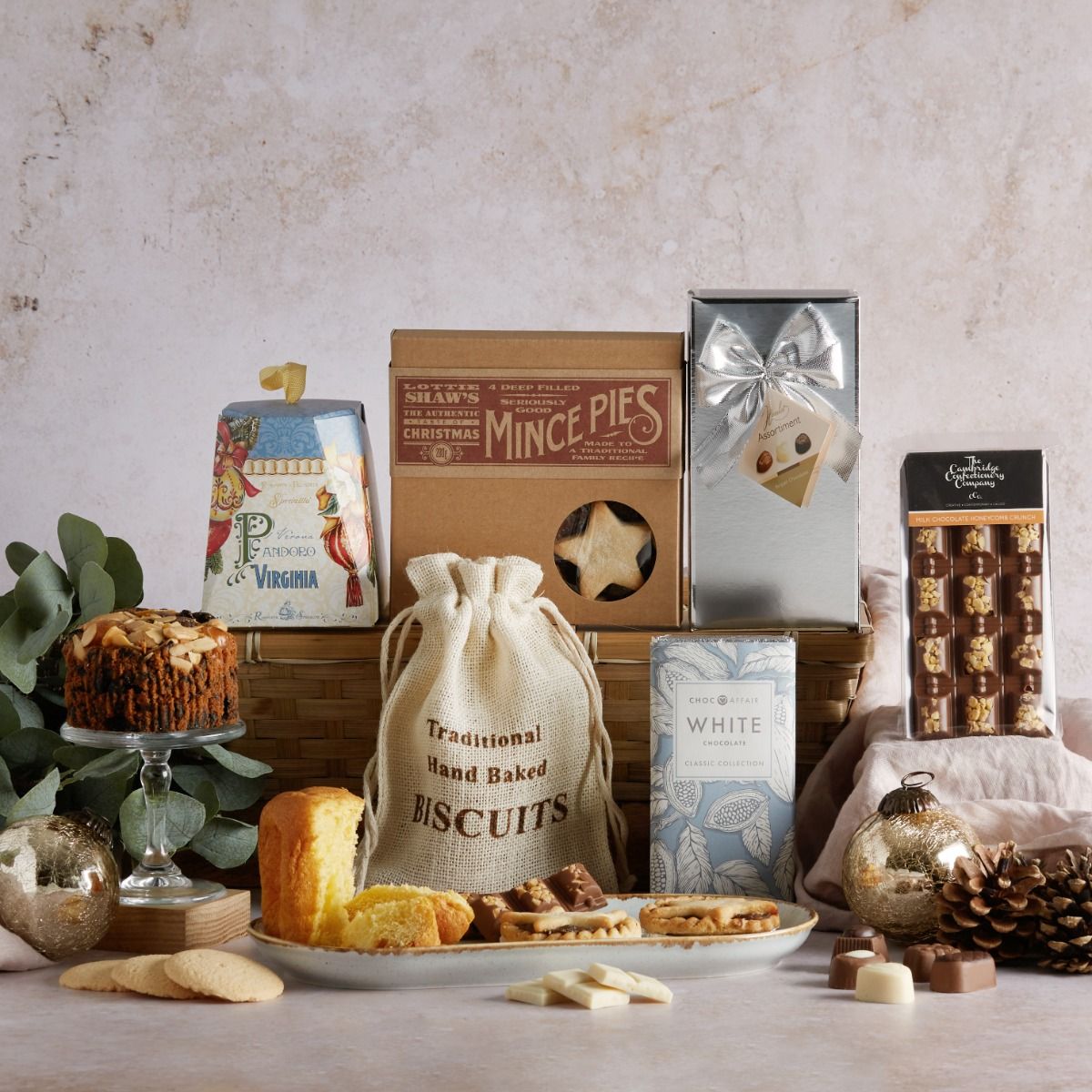 The White Christmas Hamper with contents on display, including a bamboo tray