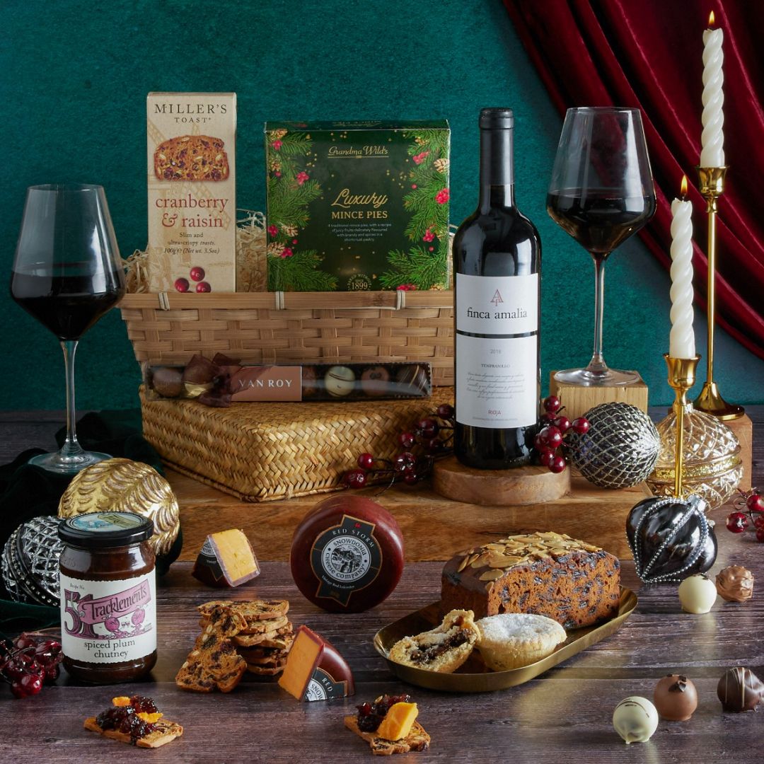 The Classic Christmas Food & Wine Hamper with contents on display