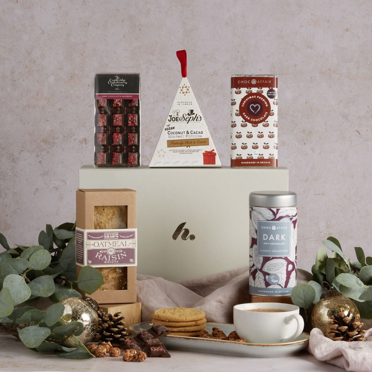Vegan Hot Chocolate Christmas Hamper on display with its contents and basket