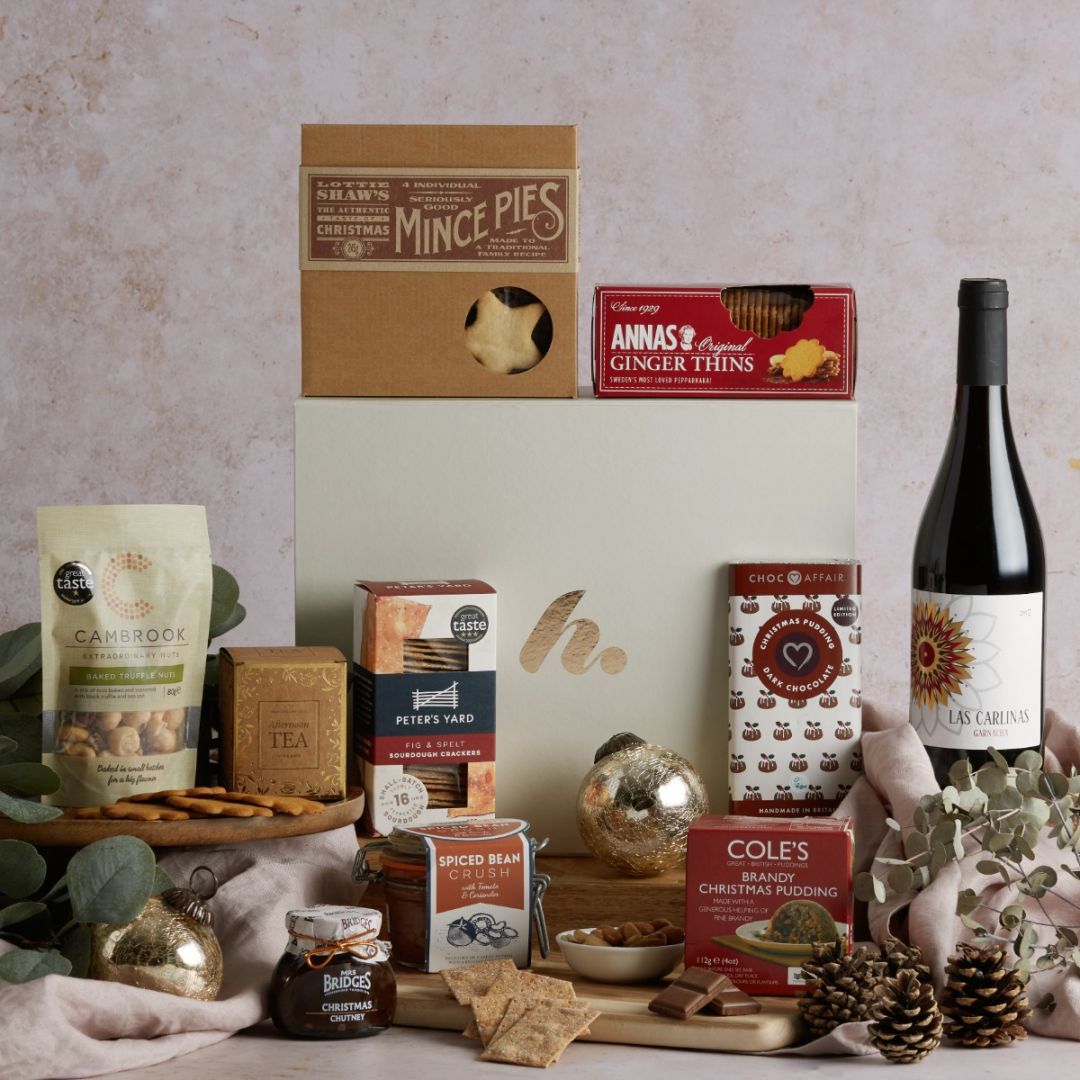The Premium Christmas Vegan Hamper with contents on display