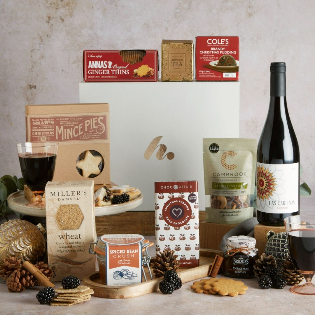 The Red Wine Festive Indulgence Hamper with its vegan contents on display