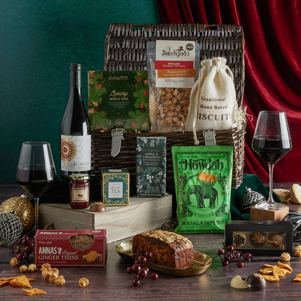  Jingle Bells Christmas Hamper with contents on display