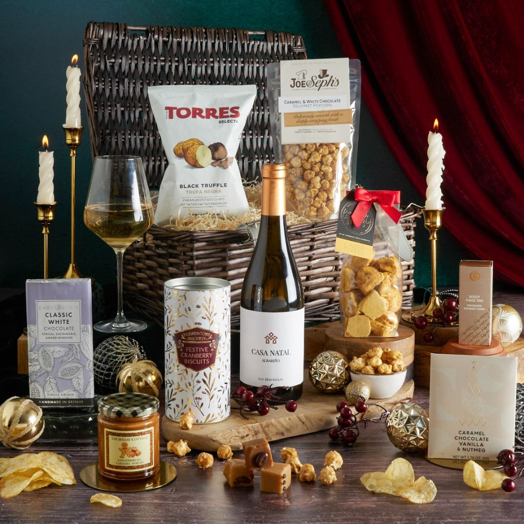 Luxury Let It Snow Christmas Hamper with contents on display