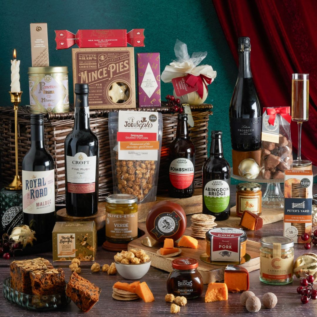 Luxury Family Sharing Christmas Hampers with contents on display