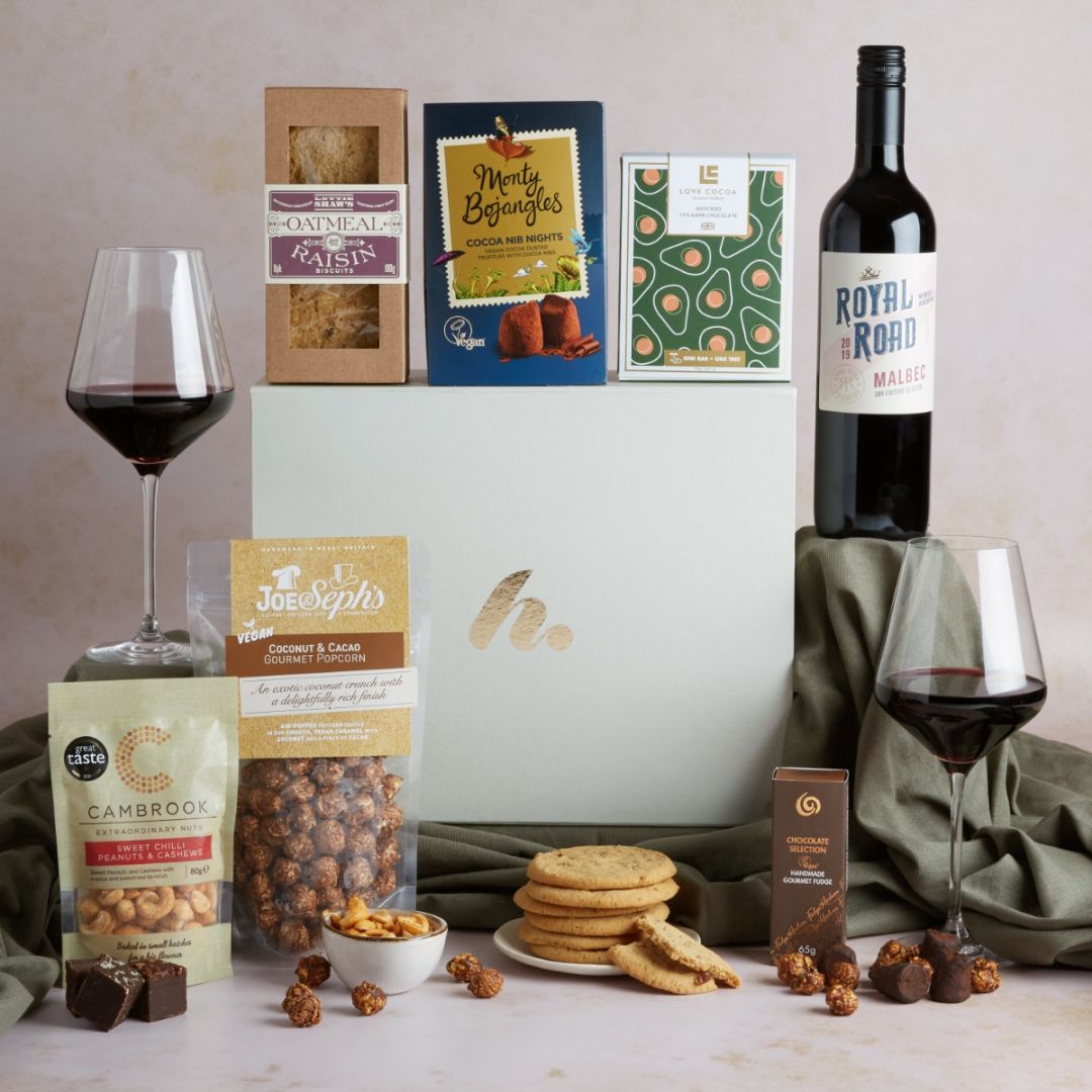 Vegan Malbec and Treats Hamper with contents on display