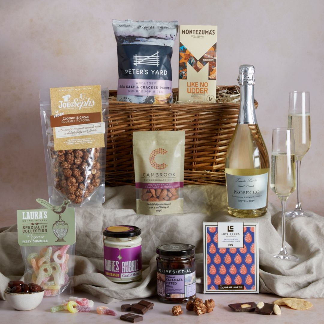  Vegan Sharing Hamper with Prosecco hamper with contents on display