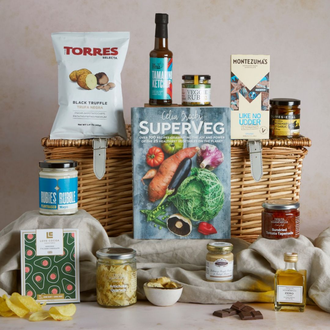 The super veg cookery hamper by celia brooks with recipe book and wicker basket on display