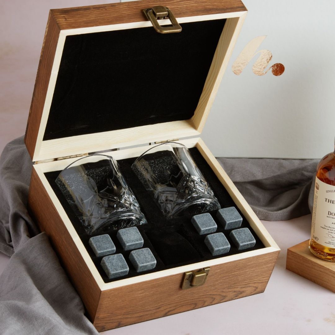 Close up of Whisky Glasses and Whisky Stones Set
