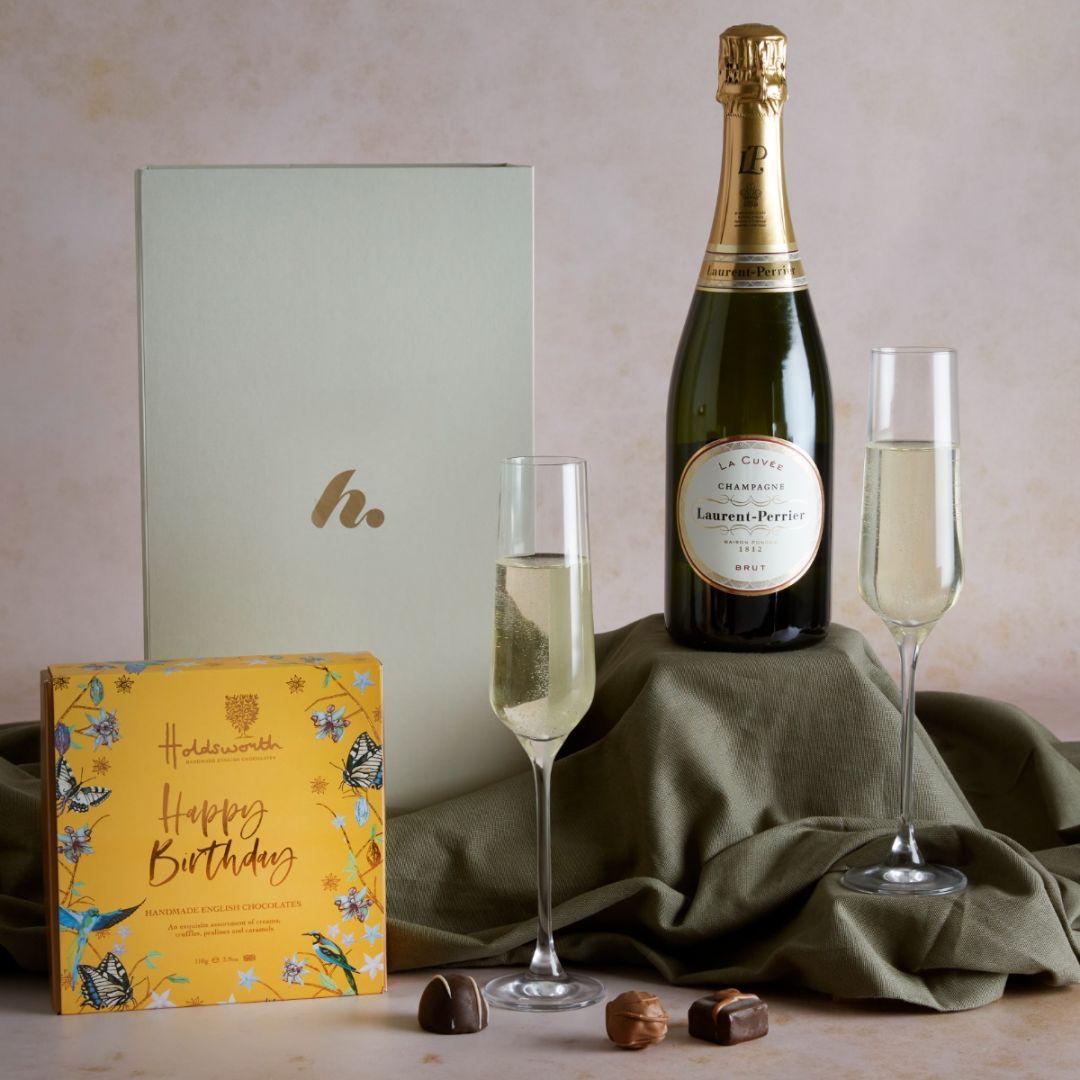  Happy Birthday Luxury Champagne & Chocolates with contents on display