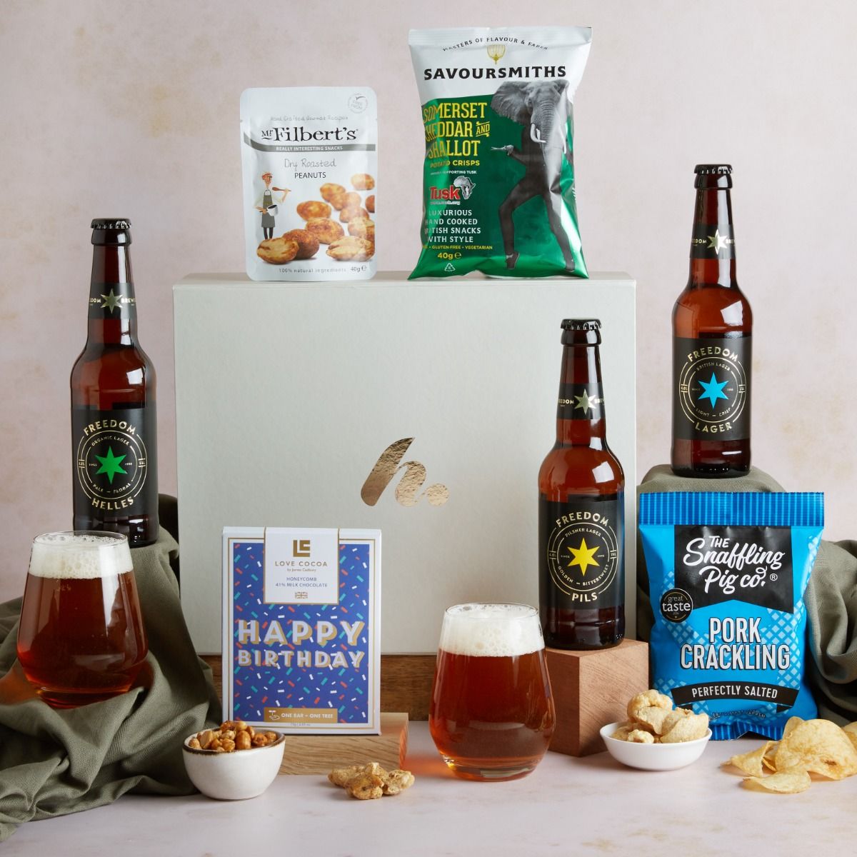 Happy Birthday Beer Hamper with contents on display
